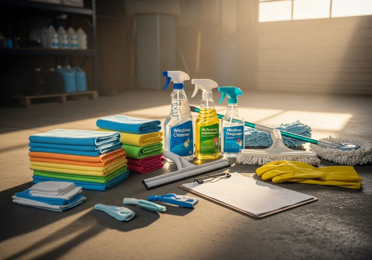 Cleaning supplies and equipment arranged on a work surface, representing professional residential and commercial cleaning services.