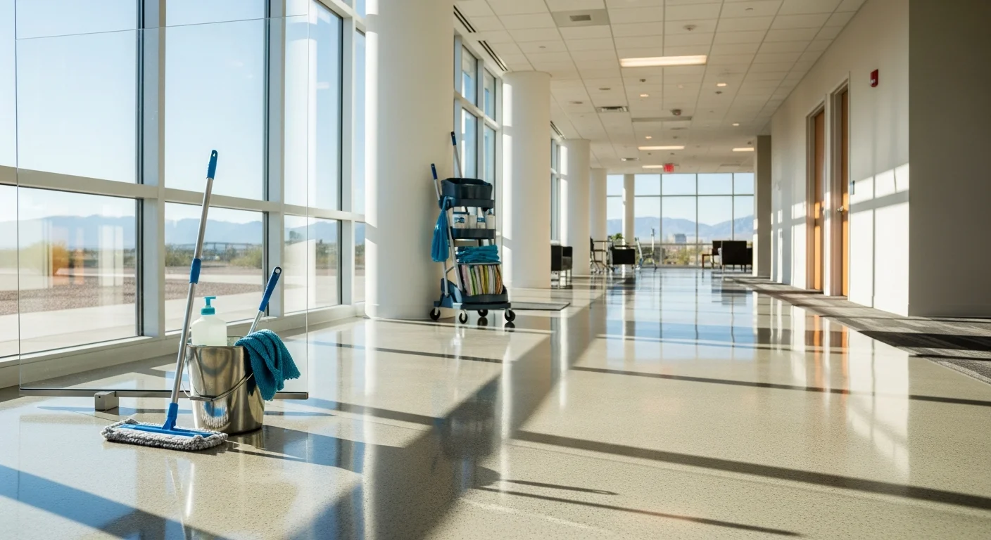 Professional commercial cleaner cleaning an office space in Las Vegas