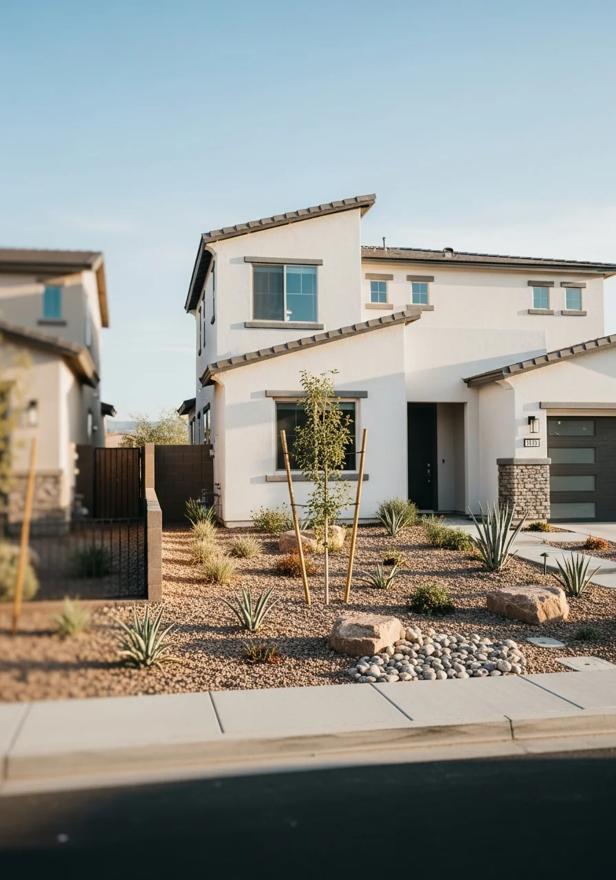 Street-level photo of a completed residential project in a Henderson neighborhood with landscaping and modern architecture.