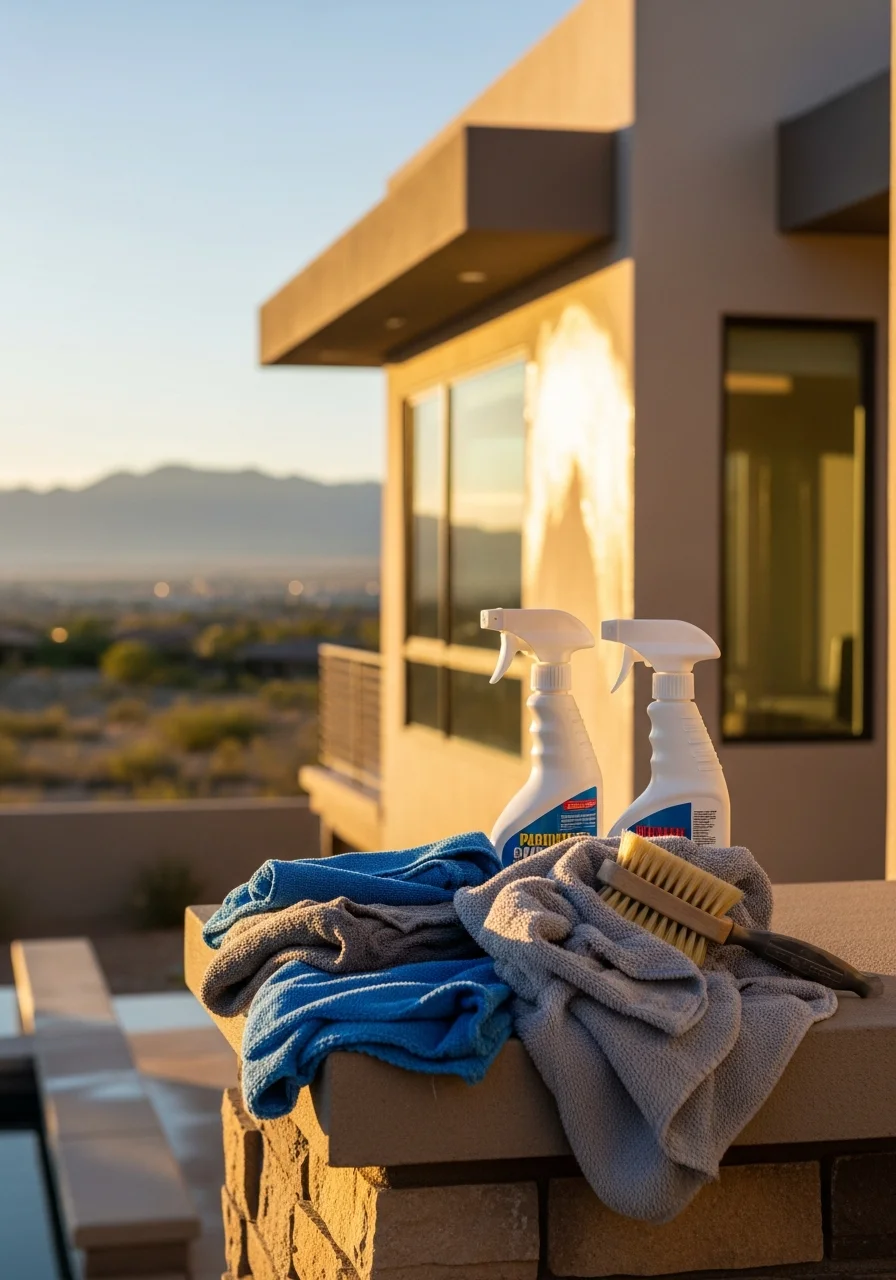 Close-up of construction work on a residential property with Las Vegas valley visible in the background.