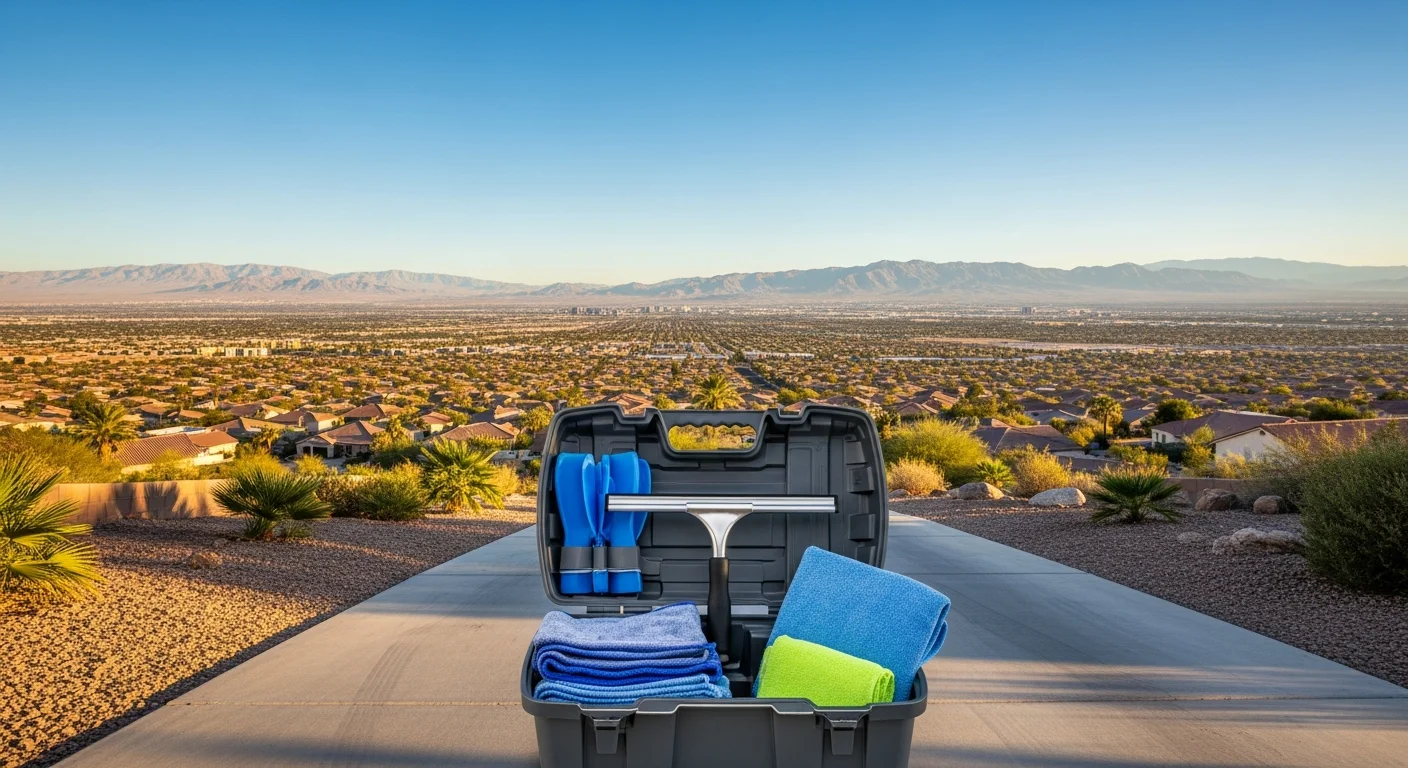 Wide view of Las Vegas valley with residential neighborhoods and desert landscape under clear blue sky.