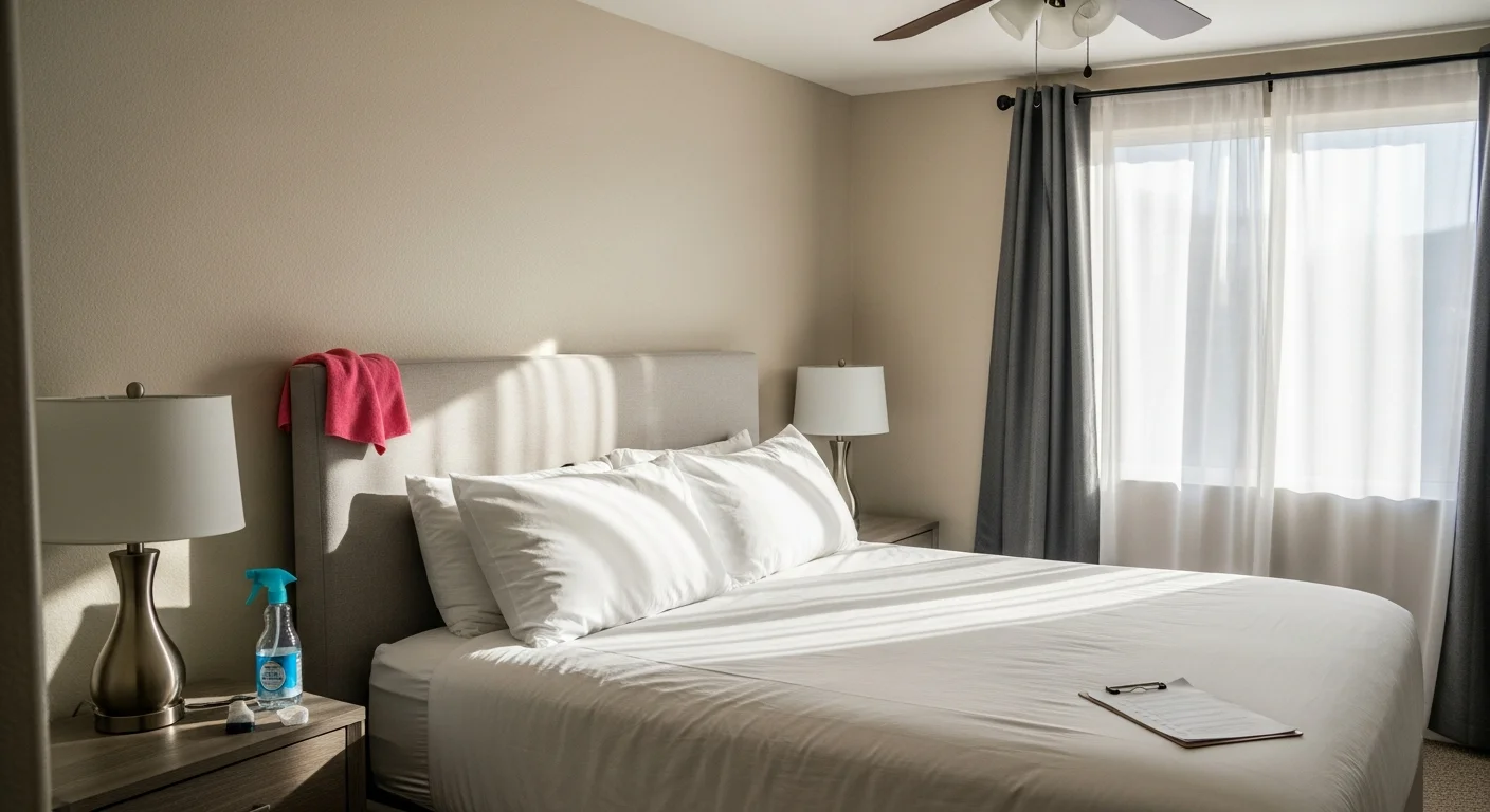 A freshly cleaned Las Vegas Airbnb bedroom with neatly made bed, sanitized nightstands, and dust-free ceiling fan. The room is staged and ready for the next guest arrival.