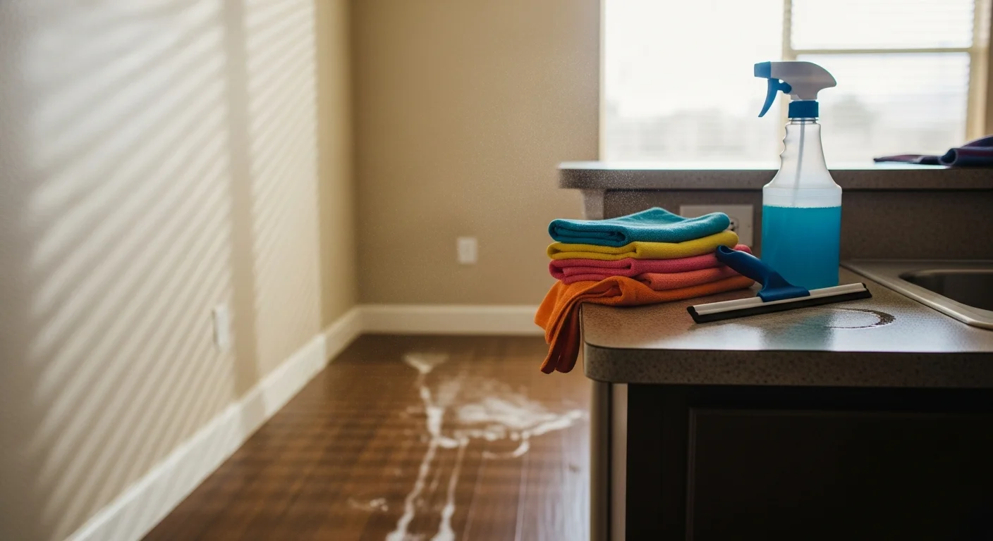 A clean Las Vegas apartment kitchen with wiped countertops, scrubbed sink, and dust-free surfaces after a professional cleaning service visit. The unit interior shows no visible desert dust or residue on baseboards or appliance surfaces.