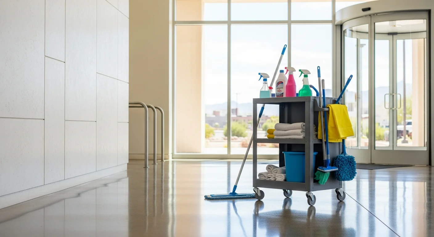 A clean, well-lit commercial office space in Las Vegas, Nevada with polished hard floors, spotless glass partitions, and dust-free workstations after a professional commercial cleaning visit. A janitorial cart with cleaning supplies sits near the entrance of the open-plan workspace.