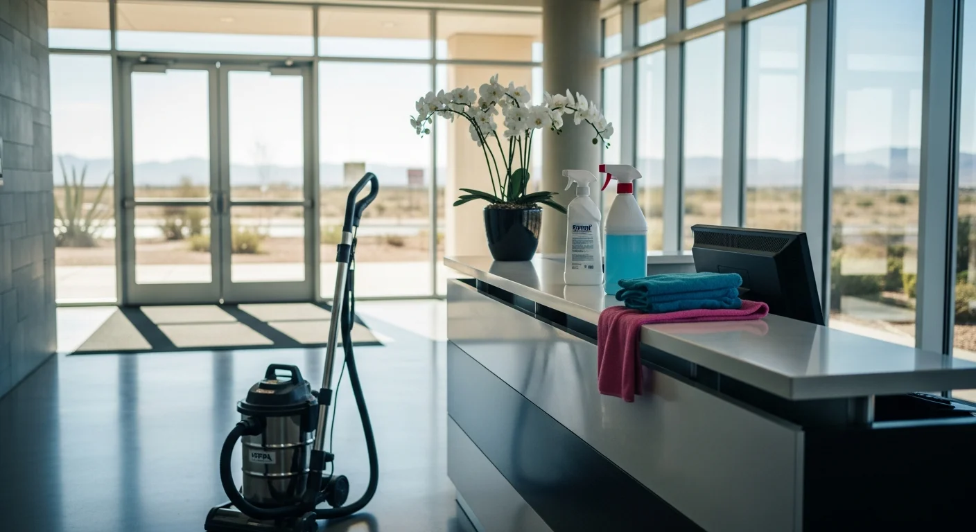A clean, well-maintained commercial office lobby in Las Vegas, Nevada, with polished hard floors, wiped reception surfaces, and emptied waste bins after a scheduled maintenance cleaning visit by Sparkling Silver Cleaning.