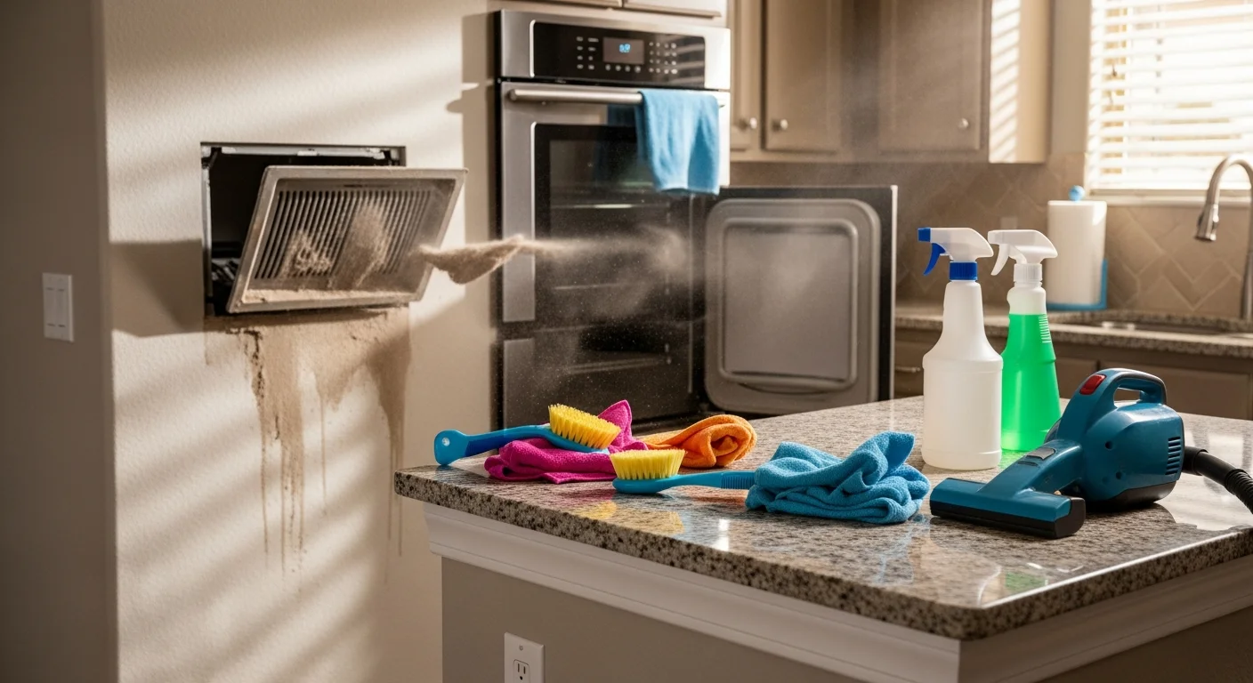 A spotless Las Vegas kitchen with clean appliance surfaces, scrubbed countertops, and dust-free cabinet fronts after a professional deep cleaning service. The room shows no visible grime or residue on any surface.