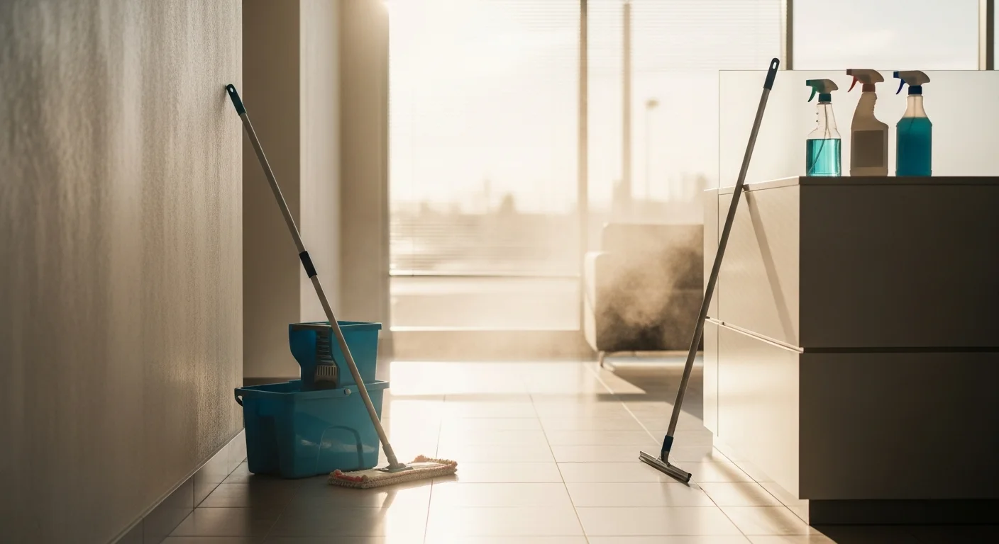 A clean, dust-free open-plan office in Las Vegas, Nevada, with wiped desks, vacuumed floors, and sanitized common areas after a professional office cleaning service. Bright overhead lighting highlights spotless surfaces and tidy workstations throughout the commercial space.