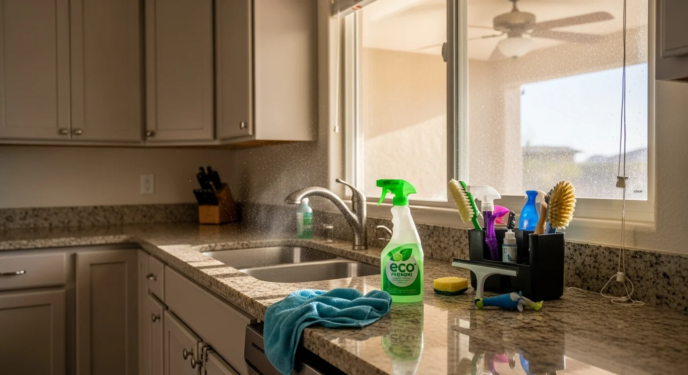 A clean, dust-free living room interior inside a Las Vegas residential home, with polished hard floors and wiped-down surfaces after a professional house cleaning visit. Bright natural light highlights tidy countertops and spotless baseboards typical of a well-maintained Nevada home.