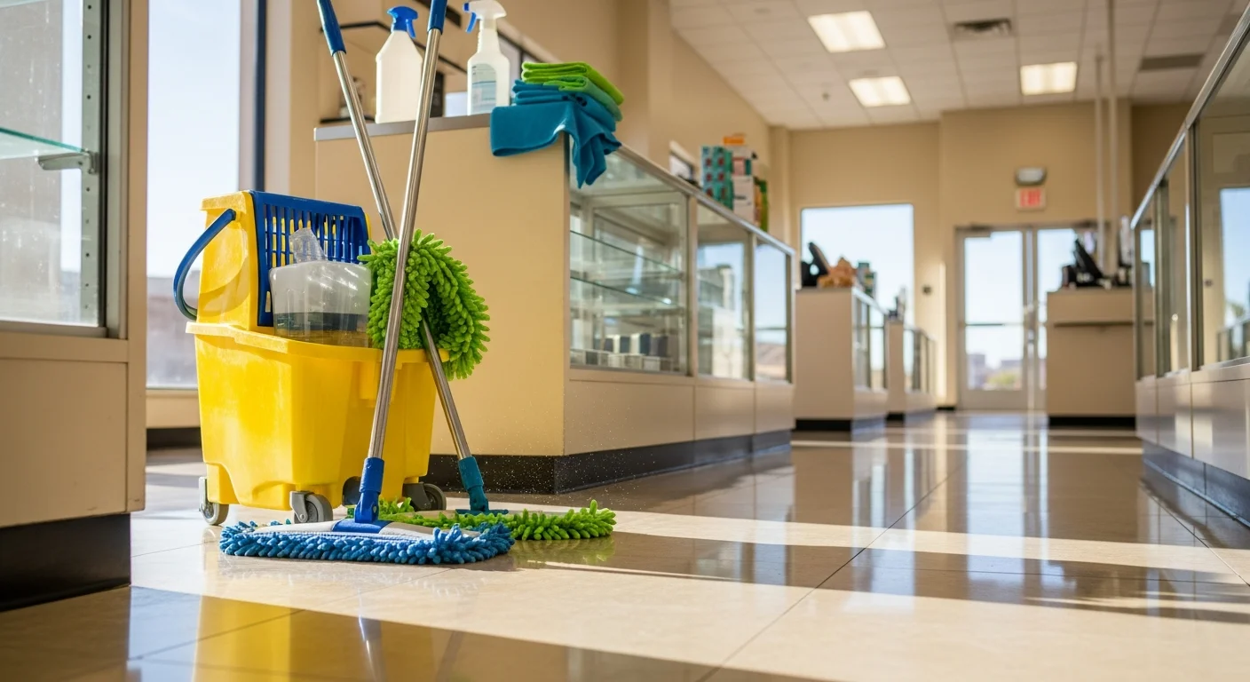 A clean Las Vegas retail store interior showing polished hard floors, dust-free product displays, and a spotless checkout counter ready for customers. The entry area and glass storefront are clear of fingerprints and desert dust.