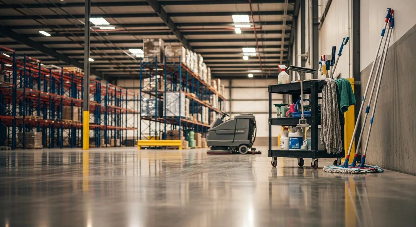 A large, clean warehouse floor in a Las Vegas distribution facility with clear aisle markings and dust-free rack shelving. A commercial floor scrubber is visible near the loading dock area after a professional cleaning service.